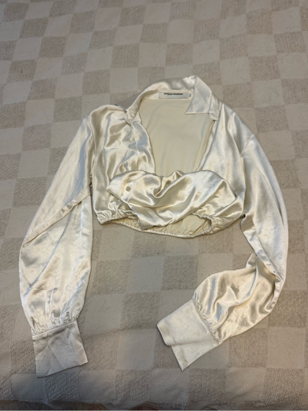 Cropped Satin Long-Sleeve Top in Ivory